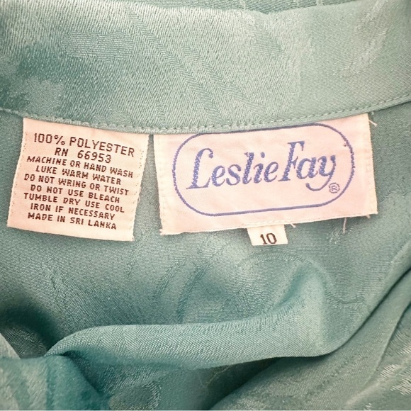 Vintage 80s Leslie Fay Teal Floral Embossed Jacquard Satin Pleated Shirt Dress - Picture 15 of 15